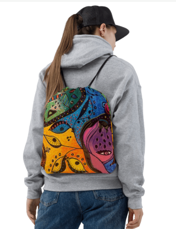 Looking Through Abstract Eyes Drawstring Bag — Original Abstract Art Drawstring Bag by Debbie Kingsley, Bold Tribal Eye Art Gym Bag, Wearable Art Bag for Women
