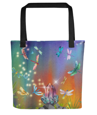 Dragonfly Forest Beach Tote Bag - Wearable Art Tote Bag for Women - Bold Magical Dragonfly and Crystal Print Beach Bag