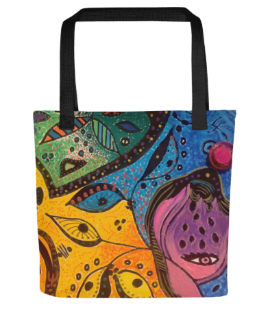 Looking Through Abstract Eyes Beach Tote Bag - Original Art Tote Bag for Women - Bold Colorful Abstract Face Print Tote Bag by Debbie Kingsley