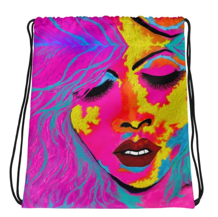 EXOTIKA Vertical Drawstring Bag  Bold Vibrant All Over Print Art Bag Featuring a Woman's Face in Hot Pink Gold Teal and Orange for Women Who Demand to Be Seen