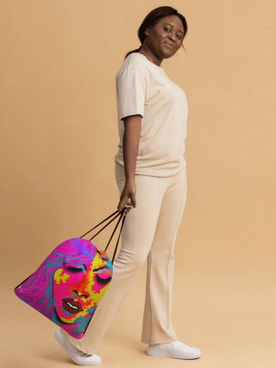 EXOTIKA Vertical Drawstring Bag  Bold Vibrant All Over Print Art Bag Featuring a Woman's Face in Hot Pink Gold Teal and Orange for Women Who Demand to Be Seen