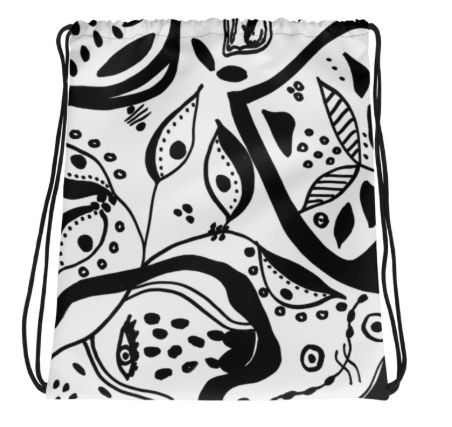 Looking Through Abstract Eyes Black and White Drawstring Bag — Original Abstract Art Drawstring Bag by Debbie Kingsley, Bold Black and White Eye Art Gym Bag, Wearable Art Bag for Women