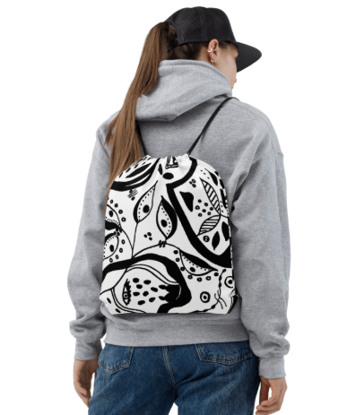 Looking Through Abstract Eyes Black and White Drawstring Bag — Original Abstract Art Drawstring Bag by Debbie Kingsley, Bold Black and White Eye Art Gym Bag, Wearable Art Bag for Women
