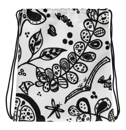 Black Ink Botanical Drawstring Bag — Original Black and White Botanical Art Drawstring Bag by Debbie Kingsley, Bold Graphic Floral Gym Bag, Wearable Art Bag for Women