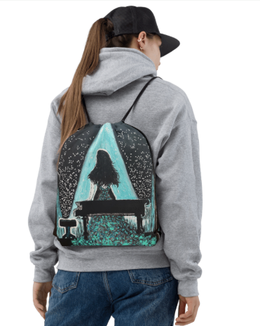 The Moment She Believed In Herself Drawstring Bag — Original Hand Painted Piano Spotlight Art Bag in Black and Teal for Women Who Played Anyway and Discovered They Were Enough All Along