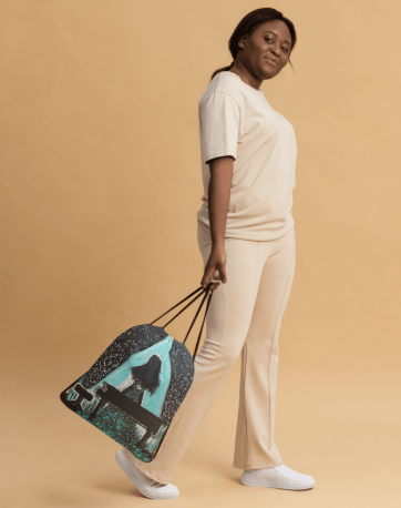 The Moment She Believed In Herself Drawstring Bag — Original Hand Painted Piano Spotlight Art Bag in Black and Teal for Women Who Played Anyway and Discovered They Were Enough All Along