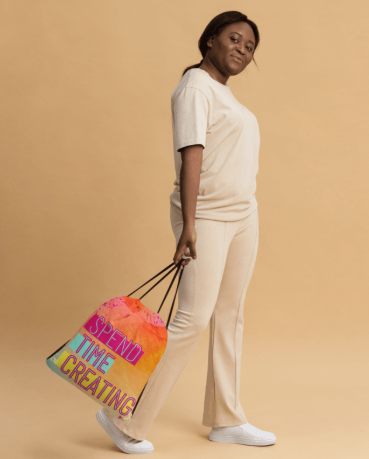 Sunset and Creating Something Beautiful Drawstring Bag — Bold Watercolor Sunset Art Bag in Orange Yellow Pink and Teal for Women Who Create With Intention and Carry Their Passion Everywhere