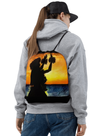 Island Girl at Sunset Drawstring Bag — Original Hawaiian Hula Dancer Painting by Debbie Kingsley, Bold Silhouette Sunset Art Bag, Wearable Art Drawstring Bag for Women