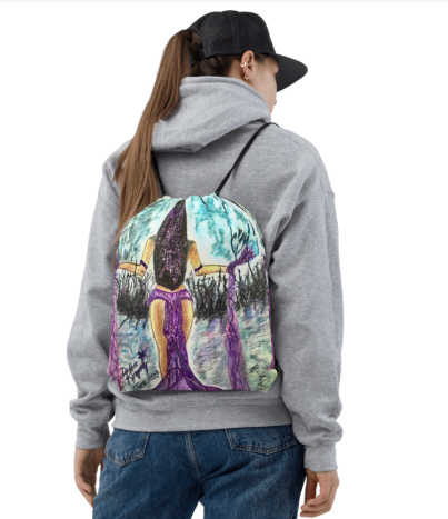 Pocahontas Rising Drawstring Bag — Original Art by Debbie Kingsley, Bold Mermaid Spirit Warrior Painting, Wearable Art Drawstring Bag for Women