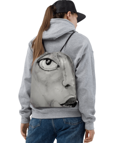I Am Watching Drawstring Bag - Original Art Drawstring Bag for Women - Bold Black and White Pencil Drawing Print Bag