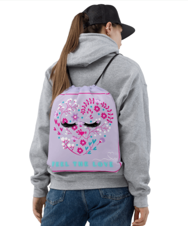 Feel the Love Floral Heart Drawstring Bag — Soft Lavender Floral Heart Art Drawstring Bag for Women, Feminine Empowerment Gym Bag, Wearable Art Bag with Lash Heart Design