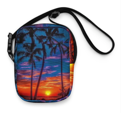 Romantic Tropical Sunset Paradise Shoulder Bag — Two Sided Tropical Sunset Art Crossbody Bag for Women, Bold Palm Tree Silhouette Bag, Wearable Art Bag