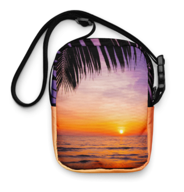 Tropic Tranquility at Sunset Shoulder Bag — Peaceful Tropical Sunset Art Crossbody Bag for Women, Soft Lavender and Amber Ocean Bag, Two Sided Wearable Art Bag