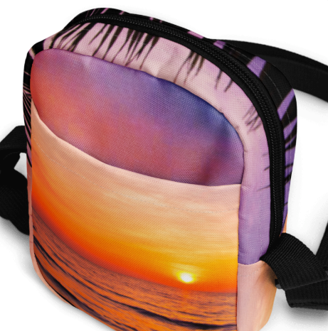 Tropic Tranquility at Sunset Shoulder Bag — Peaceful Tropical Sunset Art Crossbody Bag for Women, Soft Lavender and Amber Ocean Bag, Two Sided Wearable Art Bag