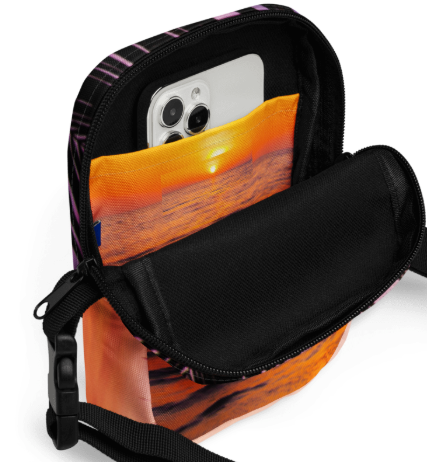 Tropic Tranquility at Sunset Shoulder Bag — Peaceful Tropical Sunset Art Crossbody Bag for Women, Soft Lavender and Amber Ocean Bag, Two Sided Wearable Art Bag