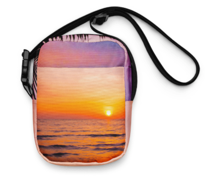 Tropic Tranquility at Sunset Shoulder Bag — Peaceful Tropical Sunset Art Crossbody Bag for Women, Soft Lavender and Amber Ocean Bag, Two Sided Wearable Art Bag