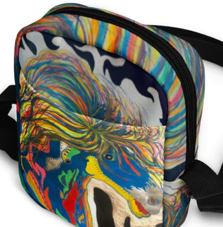 A Horse of a Different Kind Shoulder Bag — Original Art Crossbody Bag by Debbie Kingsley, Bold Rainbow Horse Painting, Two Sided Wearable Art Bag for Women