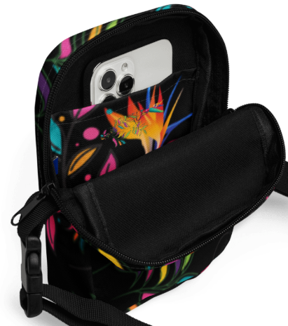 Bird of Paradise Tropical Shoulder Bag - Wearable Art Crossbody Bag for Women - Bold Black Neon Tropical Print Utility Bag