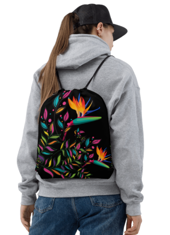 Bird of Paradise Botanical Pop Drawstring Bag — Bold Tropical Floral Art Drawstring Bag for Women, Neon Bird of Paradise on Black, Wearable Art Gym Bag