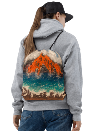 Kilauea Erupting Drawstring Bag — Original Volcano Painting by Debbie Kingsley, Hawaiian Lava and Ocean Art Bag, Wearable Art Drawstring Bag for Women