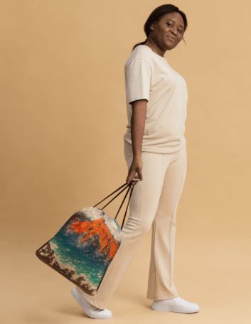 Kilauea Erupting Drawstring Bag — Original Volcano Painting by Debbie Kingsley, Hawaiian Lava and Ocean Art Bag, Wearable Art Drawstring Bag for Women