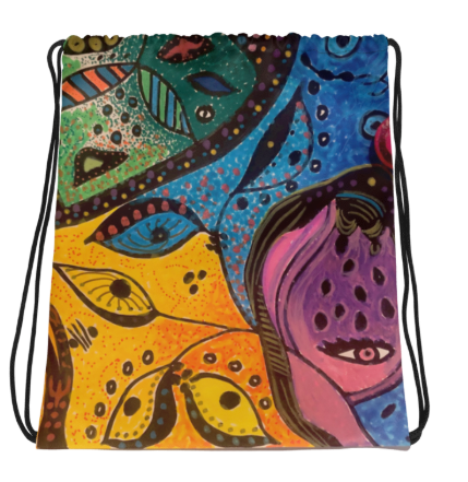 Looking Through Abstract Eyes Drawstring Bag — Original Abstract Art Drawstring Bag by Debbie Kingsley, Bold Tribal Eye Art Gym Bag, Wearable Art Bag for Women