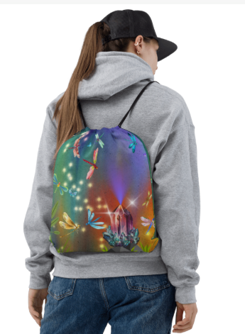 Dragonfly Forest Drawstring Bag — Magical Dragonfly and Crystal Art Drawstring Bag for Women, Enchanted Forest Wearable Art Gym Bag, Bold Colorful Dragonfly Bag
