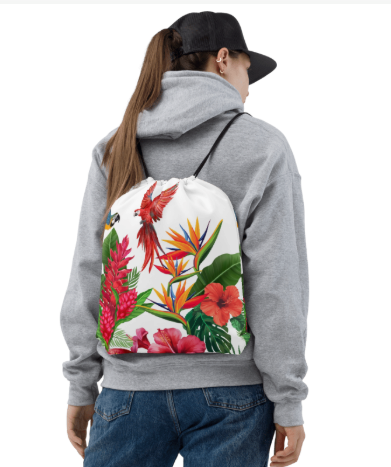 Scarlet Macaw Tropical Paradise Drawstring Bag - Wearable Art Bag for Women - Bold Tropical Print Drawstring Bag