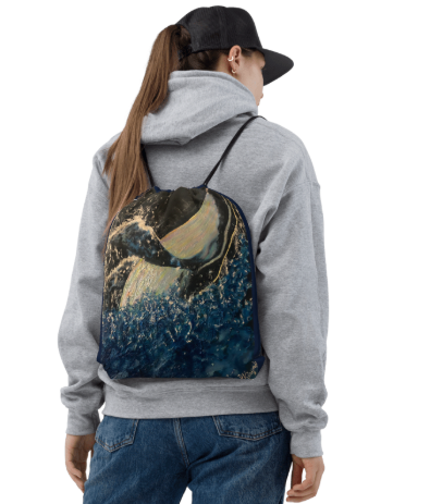 Only the Moon Gets to See Her Glow Drawstring Bag — Original Ocean Painting by Debbie Kingsley, Whale Tail Mother of Pearl Moonlit Sea Art Bag, Wearable Art Drawstring Bag for Women