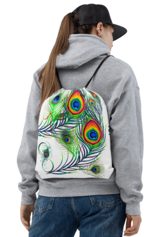 Peacock Feather Fantasy Drawstring Bag - Wearable Art Bag for Women - Bold Rainbow Peacock Feather Print Bag