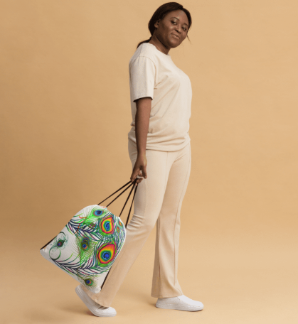 Peacock Feather Fantasy Drawstring Bag - Wearable Art Bag for Women - Bold Rainbow Peacock Feather Print Bag