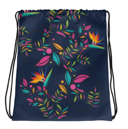 Botanical Garden in Bloom Drawstring Bag — Elegant Tropical Floral Art Drawstring Bag for Women, Bird of Paradise on Navy Blue, Wearable Art Gym Bag