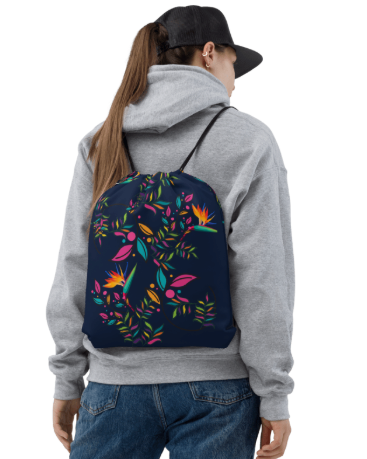 Botanical Garden in Bloom Drawstring Bag — Elegant Tropical Floral Art Drawstring Bag for Women, Bird of Paradise on Navy Blue, Wearable Art Gym Bag