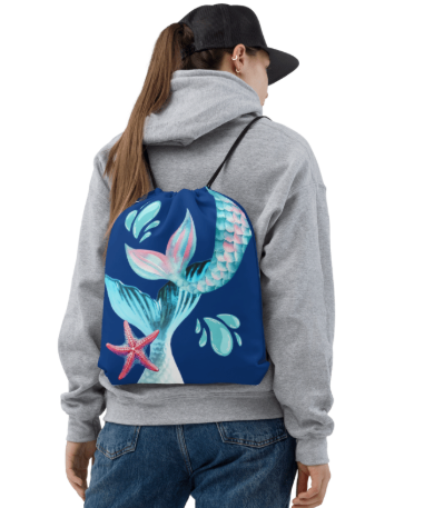 Where Mermaids Play Drawstring Bag — Magical Mermaid Tail Art Drawstring Bag for Women, Iridescent Teal and Pink Mermaid Bag, Wearable Art Gym Bag on Royal Blue