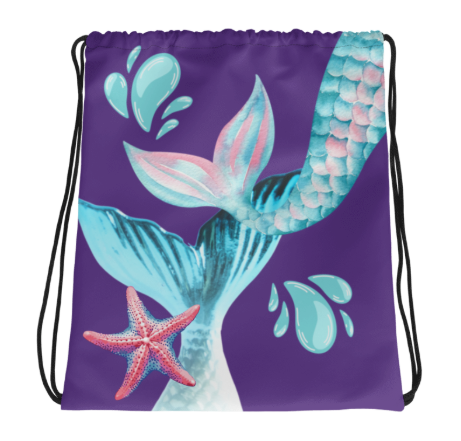 Where Mermaids Play Purple Drawstring Bag — Magical Mermaid Tail Art Drawstring Bag for Women, Iridescent Teal and Pink Mermaid Bag, Wearable Art Gym Bag on Deep Purple