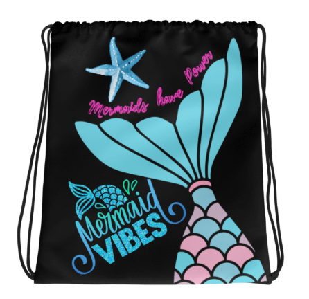 Mermaid Vibes Mermaids Have Power Drawstring Bag — Bold Black Teal and Pink Mermaid Tail Art Bag for Women Who Know Their Power Runs as Deep as the Ocean