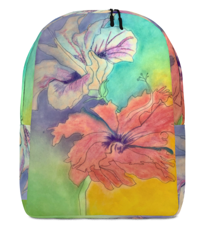 Hibiscus Dreams Minimalist Backpack — Bold Tropical Hibiscus Watercolor Art Backpack for Women, Soft Rainbow Hibiscus Painting Backpack, Wearable Art Bag
