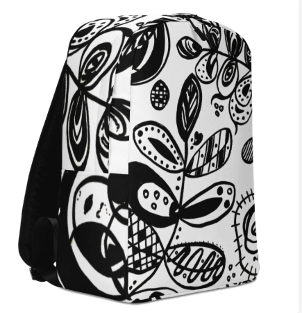 Black Ink Botanical Minimalist Backpack — Original Black and White Botanical Art Backpack by Debbie Kingsley, Bold Graphic Ink Drawing Backpack, Wearable Art Bag for Women