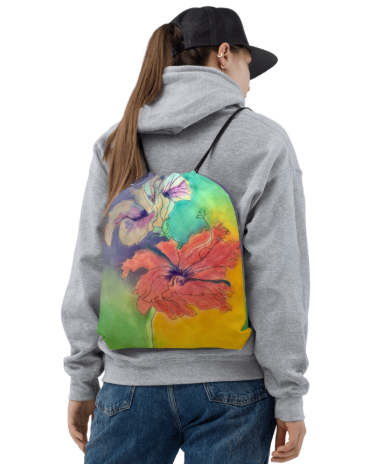 Hibiscus Dreams Drawstring Bag - Wearable Art Bag for Women - Soft Watercolor Hibiscus Print Drawstring Bag