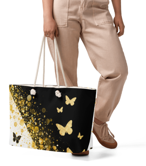 Golden Wings Rising Into the Dark Weekender Tote Bag - Wearable Art Tote Bag for Women - Bold Black and Gold Butterfly Print Bag