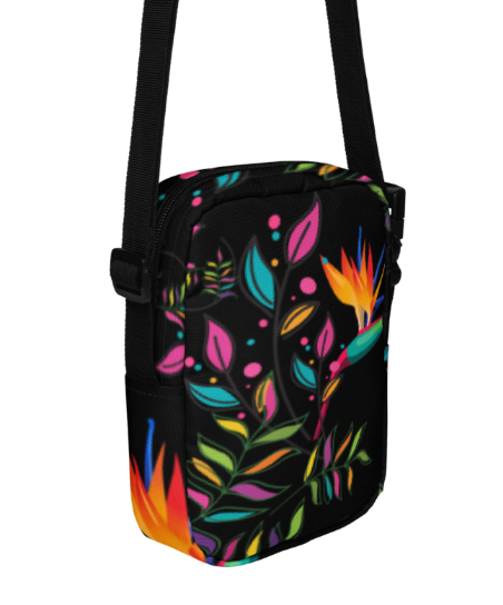 Bird of Paradise Tropical Shoulder Bag - Wearable Art Crossbody Bag for Women - Bold Black Neon Tropical Print Utility Bag