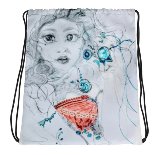 Moana by Debbie Kingsley Drawstring Bag - Original Art Drawstring Bag for Women - Bold Ethereal Ocean Girl Pencil Drawing Print Bag