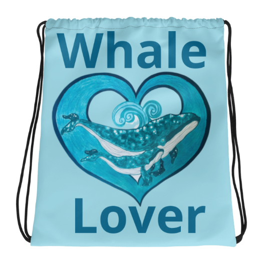 Whale Lover Drawstring Bag — Original Whale Heart Art by Debbie Kingsley, Teal Blue Whale and Heart Art Gym Bag, Wearable Art Drawstring Bag for Ocean Lovers