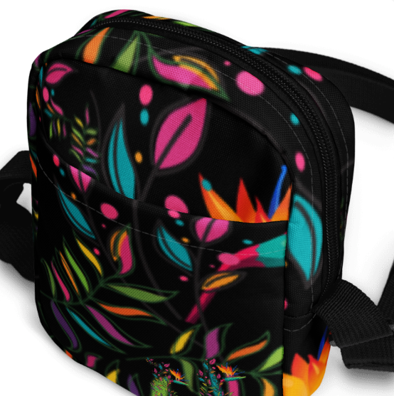 Bird of Paradise Tropical Shoulder Bag - Wearable Art Crossbody Bag for Women - Bold Black Neon Tropical Print Utility Bag