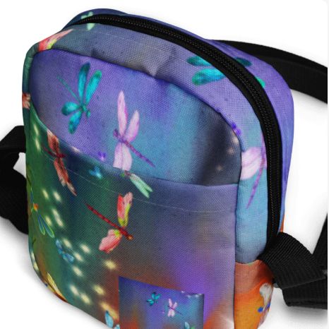 Dragonfly Forest Shoulder Bag - Wearable Art Shoulder Bag for Women - Bold Magical Dragonfly and Crystal Print Two Sided Shoulder Bag