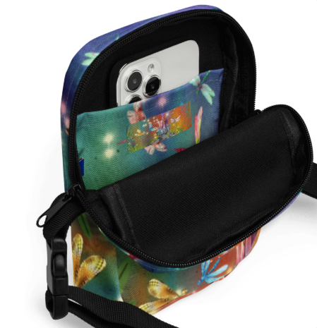 Dragonfly Forest Shoulder Bag - Wearable Art Shoulder Bag for Women - Bold Magical Dragonfly and Crystal Print Two Sided Shoulder Bag