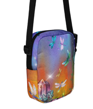 Dragonfly Forest Shoulder Bag - Wearable Art Shoulder Bag for Women - Bold Magical Dragonfly and Crystal Print Two Sided Shoulder Bag