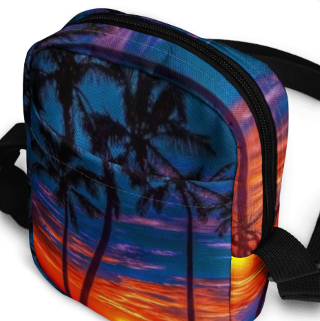 Romantic Tropical Sunset Paradise Shoulder Bag — Two Sided Tropical Sunset Art Crossbody Bag for Women, Bold Palm Tree Silhouette Bag, Wearable Art Bag