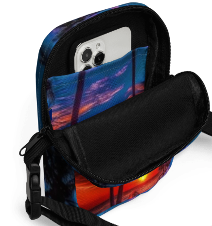 Romantic Tropical Sunset Paradise Shoulder Bag — Two Sided Tropical Sunset Art Crossbody Bag for Women, Bold Palm Tree Silhouette Bag, Wearable Art Bag
