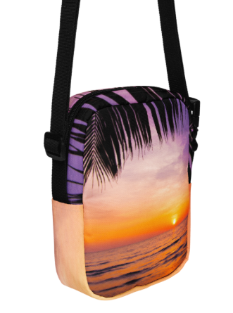 Tropic Tranquility at Sunset Shoulder Bag — Peaceful Tropical Sunset Art Crossbody Bag for Women, Soft Lavender and Amber Ocean Bag, Two Sided Wearable Art Bag